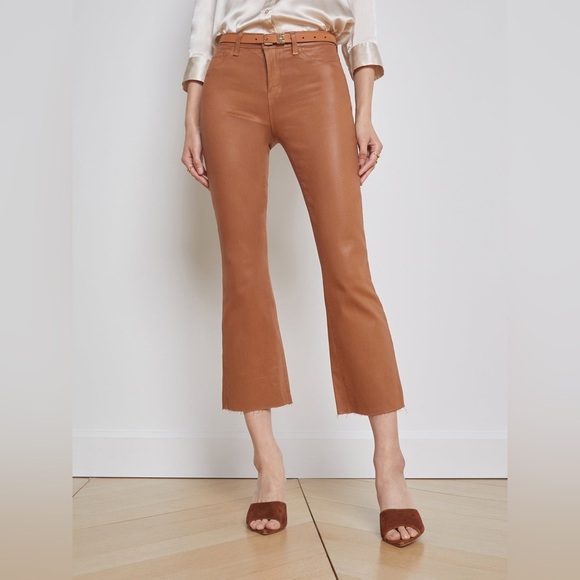 L’AGENCE Jeans Kendra Coated Cropped Flare Java Tan Denim Women Size 25 NWOT NEW